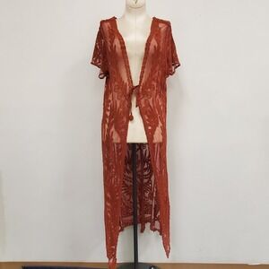 Woven Heart Womens Crochet Mesh Tie Front Duster Cardigan‎ Size XL Red Festival